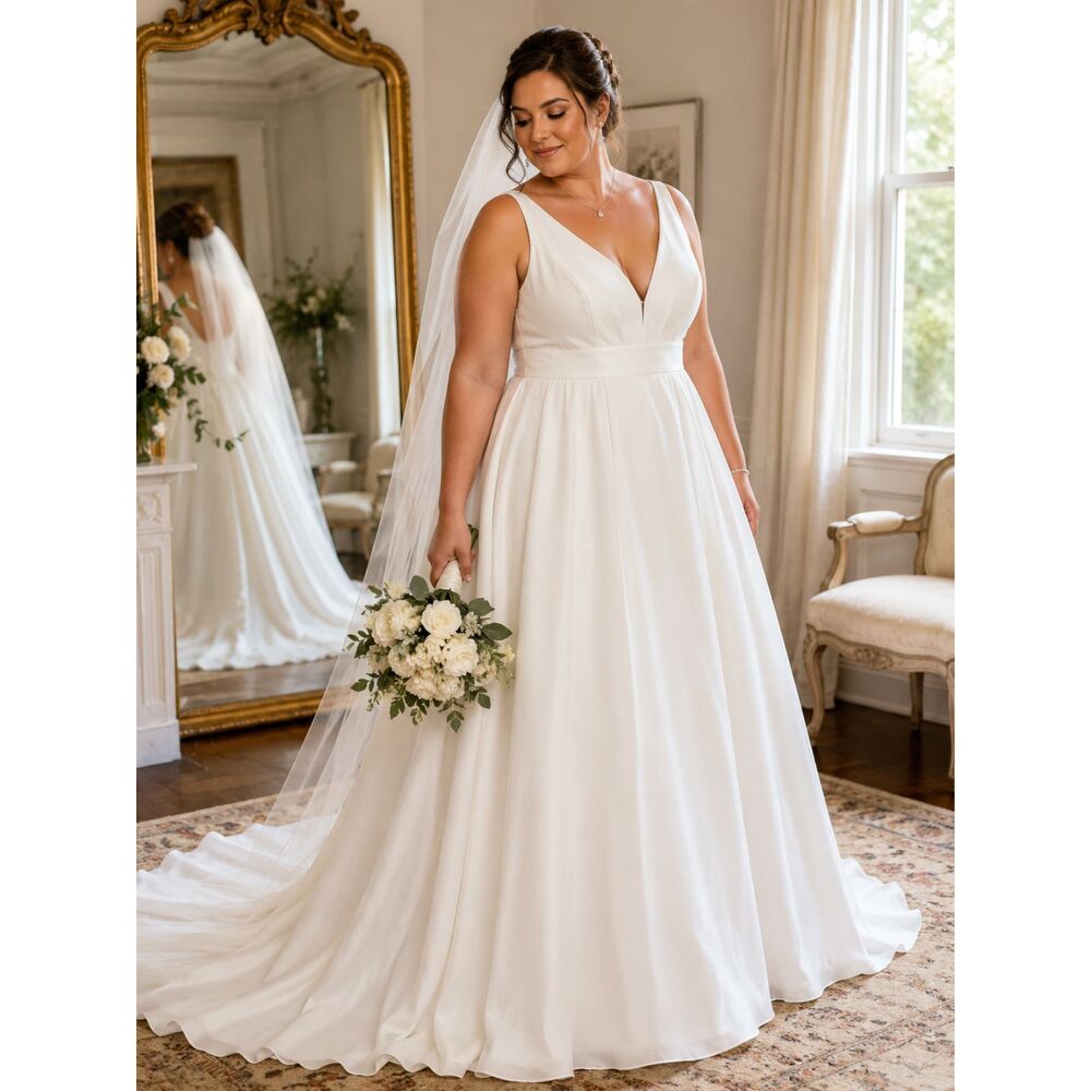 Elegant White A-Line Wedding Gown with Flowing Skirt & Button Back US 20